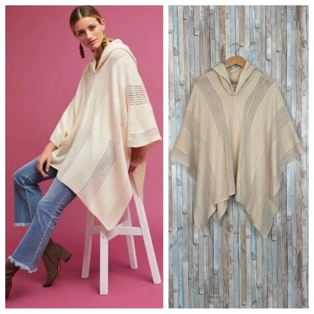 Anthropologie OS Cream Open Knit‎ Hooded Poncho Pullover Sweater Boho Cozy